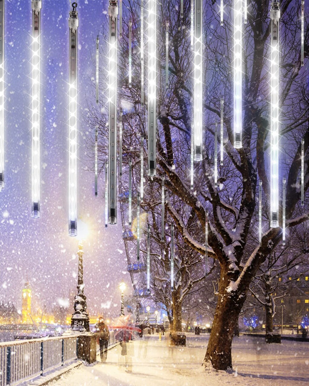 Cool White 20 Tubes Meteor Shower Icicle Lights 480 LED Raindrop Lights with Timer Function Cascading Falling Rain Light for Holiday Party Christmas Decorations